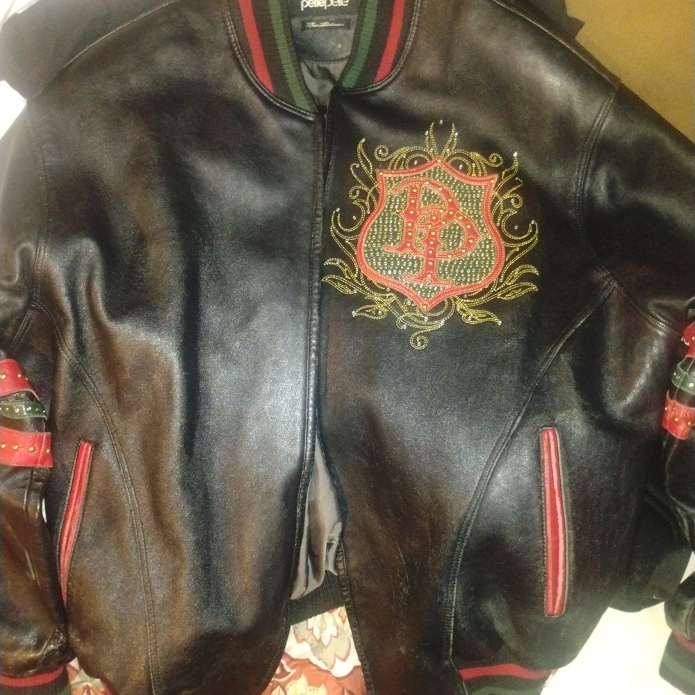 Black Leather Jacket with Embroidered Crest